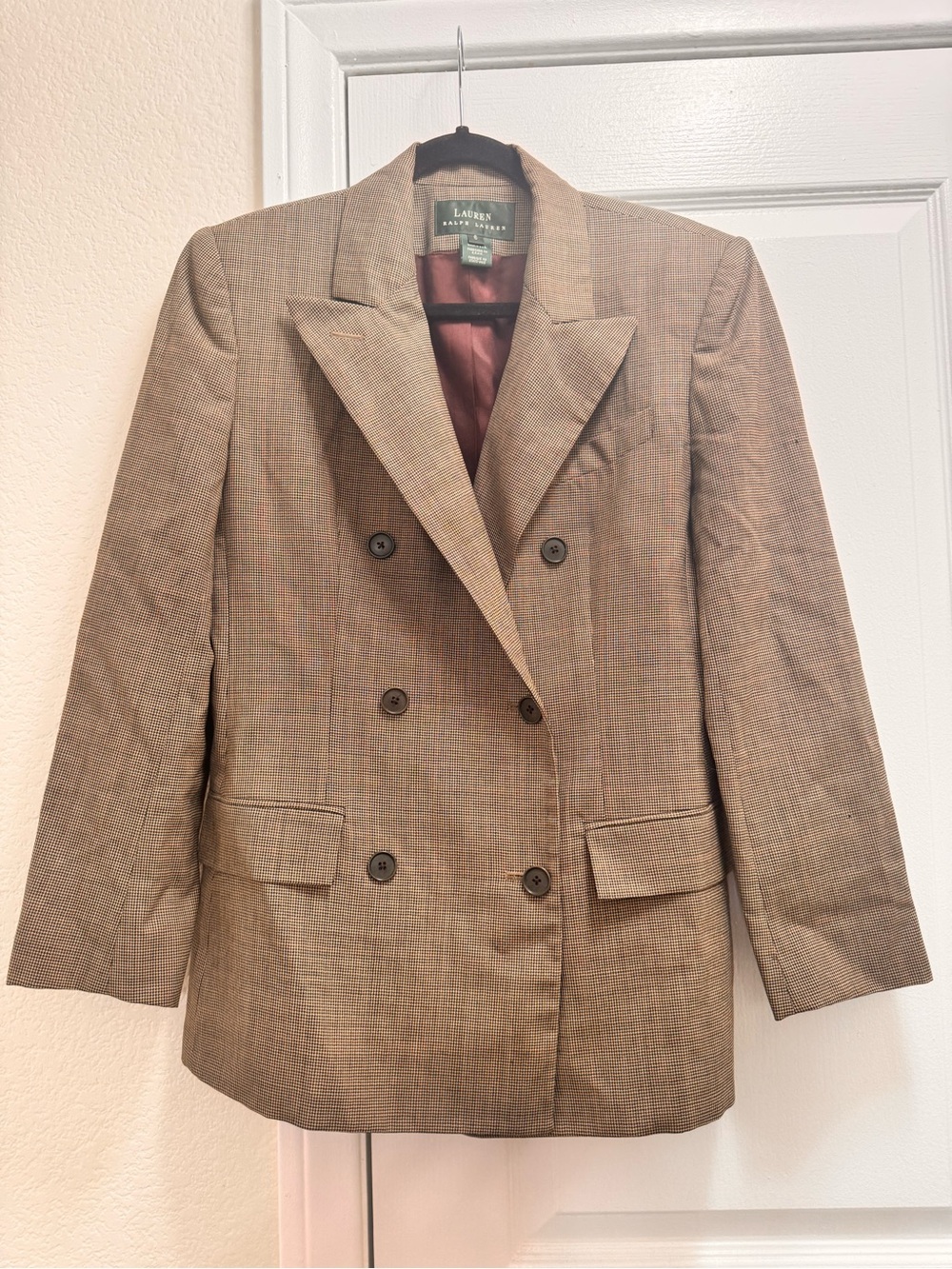 Lauren Ralph Lauren Brown Wool Glen Plaid Double-Breasted Blazer